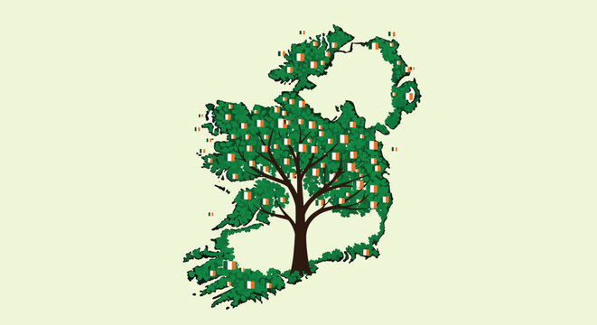 Map of Ireland formed from green shamrocks and small Irish flags with a large tree growing in the center.