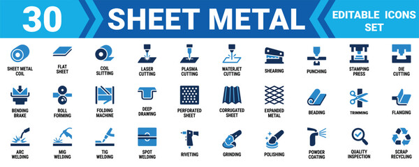 Set of 30 sheet metal manufacturing and industrial fabrication process icons in blue and black style Minimal solid fill icon set bundle collection. Editable Vector Illustration Mega pack © Sumon Sorkar