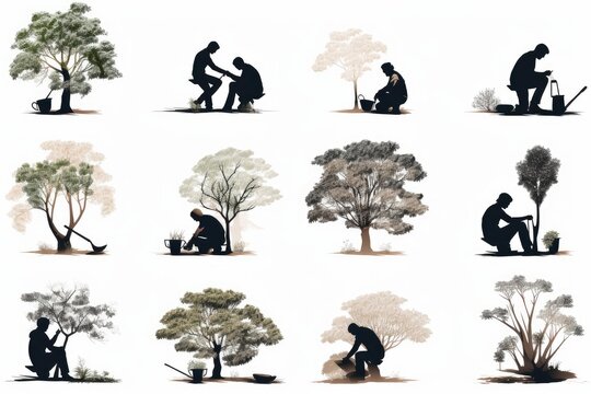 Silhouettes of people cultivating and planting trees, promoting a sustainable future and ecological growth