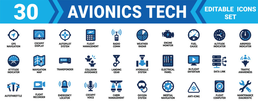 Set of 30 avionics technology icons for aircraft flight navigation and cockpit control systems design Minimal solid fill icon set bundle collection. Editable Vector Illustration Mega pack