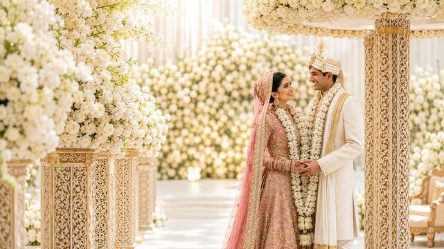 Elegant Indian Bride and Groom in Traditional Hindu Wedding Ceremony with Luxury White Floral Mandap