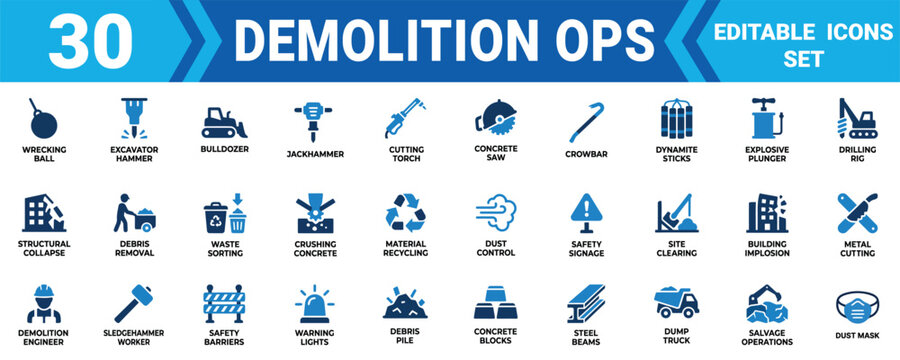 Set of 30 demolition operation icons featuring construction machinery and heavy building site tools Minimal solid fill icon set bundle collection. Editable Vector Illustration Mega pack