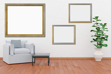 Cornici, quadri vuoti in mostra su muro bianco. Una cornice con spazio vuoto per inserimento di testo o immagini. Ambientato in salotto. Cornici argento e oro. © massimo_g