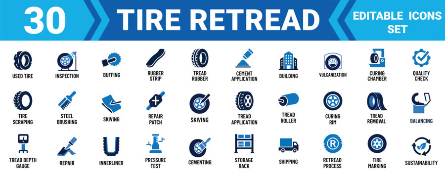 Set of 30 professional tire retread process icons for automotive repair and rubber recycling industry Minimal solid fill icon set bundle collection. Editable Vector Illustration Mega pack