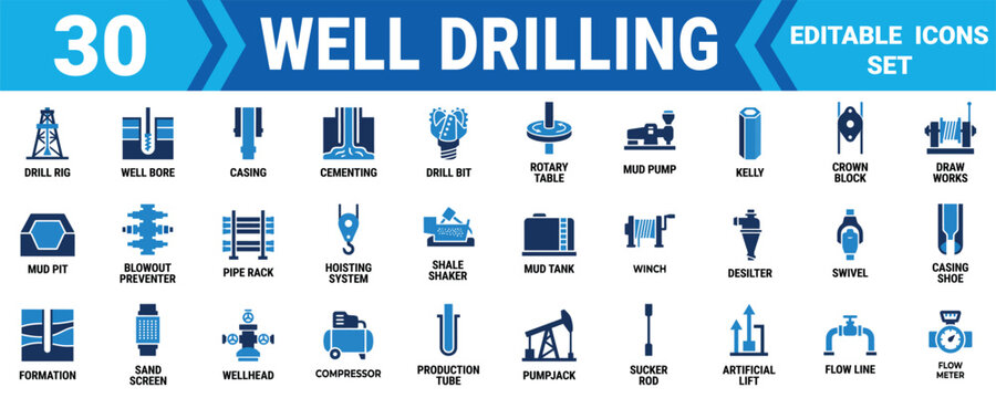 Set of 30 well drilling icons featuring oil and gas industry equipment machinery and engineering tools Minimal solid fill icon set bundle collection. Editable Vector Illustration Mega pack