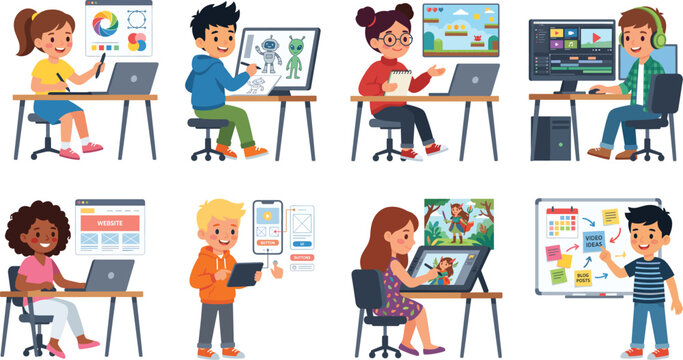 Children Learning Digital Creative Skills with Graphic Design Coding Animation Web Development and Video Editing Illustrations