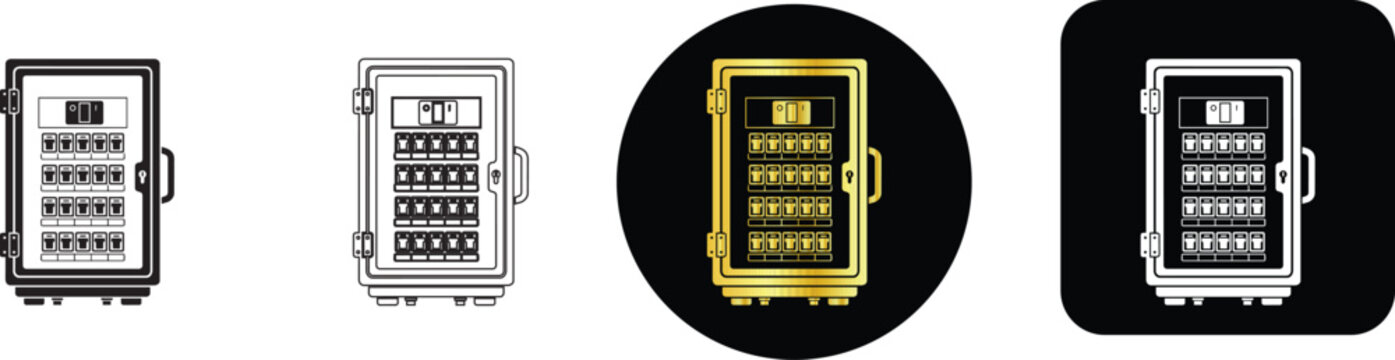 Electronic security safe box icon set with digital pin code lock keypad