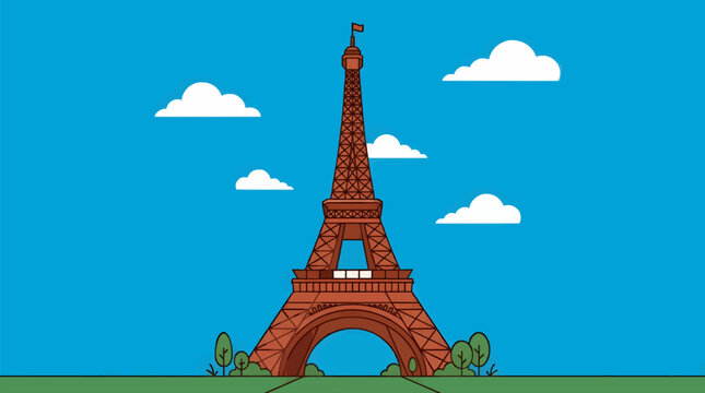 Flat Vector Illustration of Eiffel Tower in Paris with Blue Sky and White Clouds, Green Grass Foreground, Simple Graphic Style