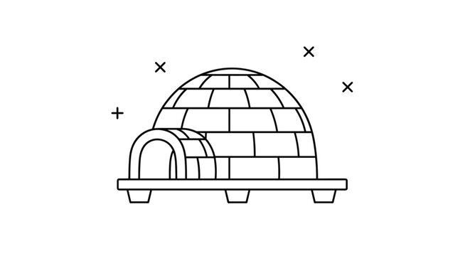 Minimalist line art vector illustration of an arctic igloo snow shelter under a starry night sky on white background.