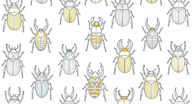 Hand drawn seamless pattern of various detailed beetles and bugs with yellow and blue accents on a plain white background.