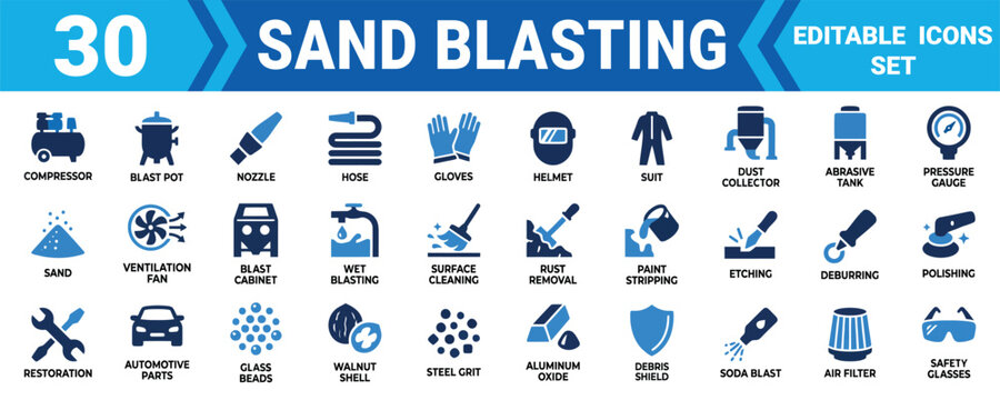 Set of 30 sand blasting icons showing industrial equipment tools and surface cleaning safety gear symbols Minimal solid fill icon set bundle collection. Editable Vector Illustration Mega pack