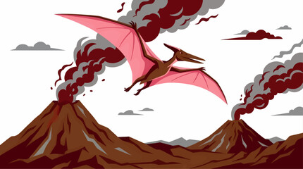 Stylized Flat Vector Illustration of a Pink Pterodactyl Flying Over Active Volcanoes with Smoke Plumes, Prehistoric Landscape Scene © risma