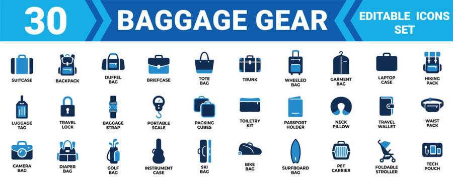 Set of 30 professional luggage and baggage gear icons for travel and tourism business concepts Minimal solid fill icon set bundle collection. Editable Vector Illustration Mega pack