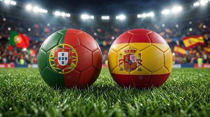 Fototapeta premium ​Portugal vs Spain Soccer Match Concept – Two Footballs with National Flags on Stadium Green Grass Before a Game