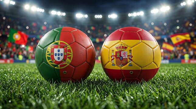 ​Portugal vs Spain Soccer Match Concept &ndash; Two Footballs with National Flags on Stadium Green Grass Before a Game