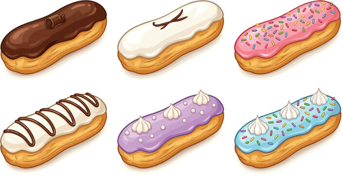 French eclair pastry cakes collection sweet dessert glazed donuts with chocolate sprinkles cream flat vector illustration isolated on white background