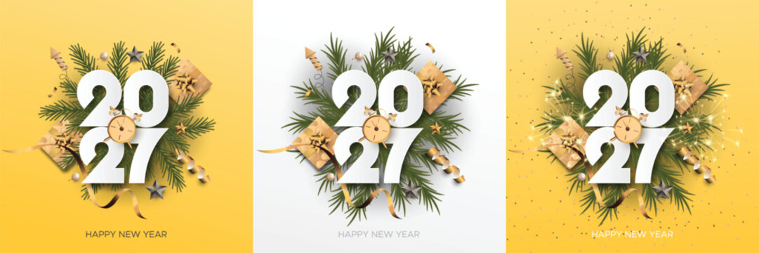 Elegant Happy New Year 2027 Greeting Card with Christmas Pine Branches, Gold Gift Boxes and Festive Decorations