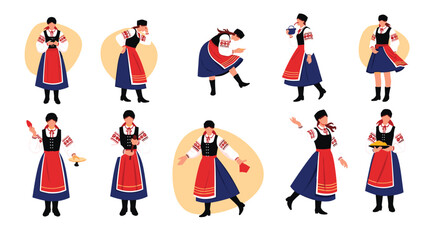 Fototapeta premium Group of women wearing traditional embroidered Ukrainian costumes showcased in various active and graceful poses.