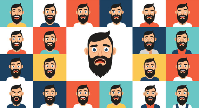 Emotional expression grid of a bearded man with a central enlarged icon emphasizing his shocked or worried face.