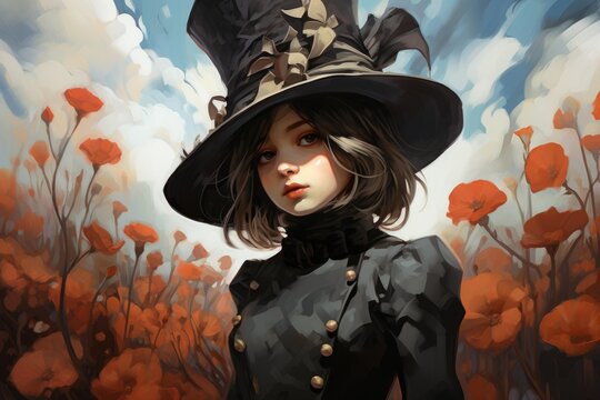 Girl in a dark dress and top hat is standing among red poppies in a whimsical field
