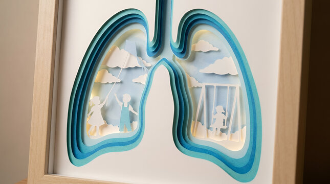 Paper cut art of lungs showing children playing.