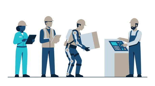 Industrial workers using exoskeleton and digital technology in a