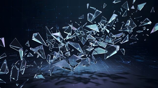 Abstract Shattered Glass Fragments with Digital Network Background in Futuristic Style
