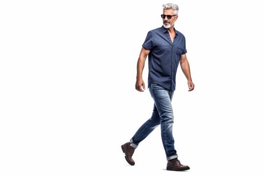 Confident man walking in casual wear, looking back while moving forward
