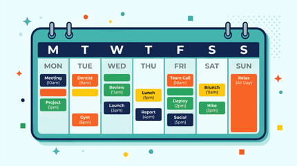 Flat Vector Illustration of a Weekly Calendar with Color-Coded Appointments and Events, Showing a Full Week Schedule with Meetings, Calls, and Personal Activities, Clean Graphic Design with Copy Space © Bambang