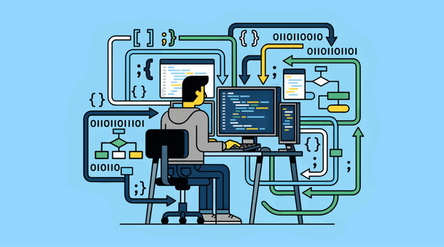 Flat Vector Illustration of a Software Developer Working on a Complex Coding Project, Surrounded by Flowcharts and Binary Code, Sitting at a Desk with Multiple Monitors, Blue Background
