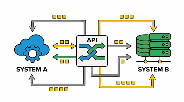 Flat Vector Illustration of API Integration Between System A Cloud and System B Database, Showing Data Flow Arrows and Connection Blocks, Conceptual Technology Diagram