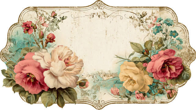 Vintage floral journaling card, antique style, isolated on transparent background