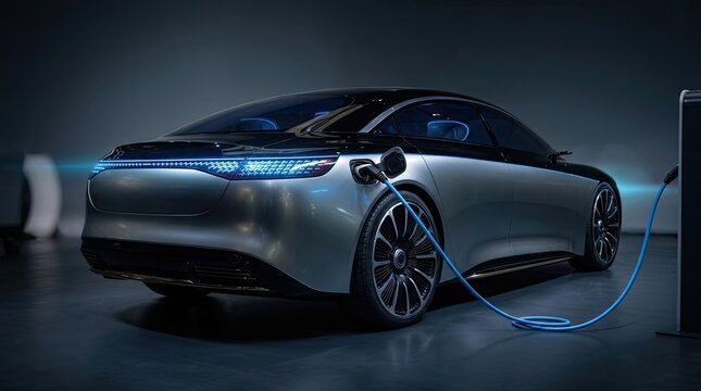 Futuristic silver electric car charging at station in dark environment