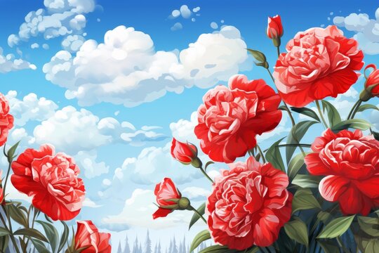 Red peonies with green leaves blooming in a garden against a bright blue sky with white clouds