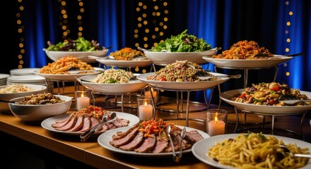 Fototapeta premium Elegant Gourmet Buffet Spread with Sliced Roast Beef, Fresh Salads, and Pasta Dishes at a Formal Event
