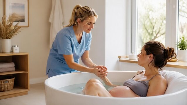 Midwife Assisting Pregnant Woman During Water Birth Delivery in Birthing Tub