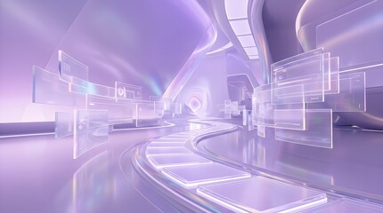 Fototapeta premium Futuristic Virtual Reality Space with Digital Neon Pastel Lavender Hues and Floating Screens