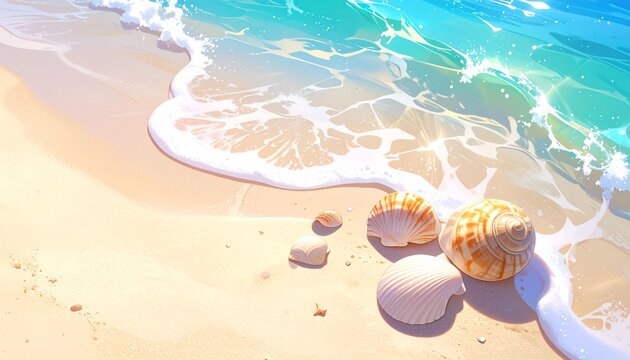 Anime Style Tropical Beach with Seashells, Crystal Clear Ocean Waves and Golden Sand