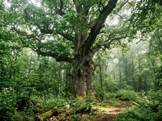 Fototapeta premium Magnificent Old Oak Tree with Immense Trunk in a Lush Green Forest