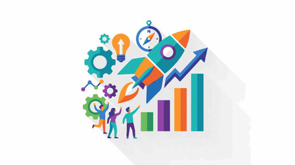 Naklejka premium Colorful rocket launch graphic with business growth elements