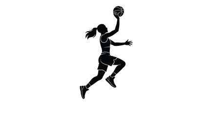 Obraz premium Dynamic silhouette of an athletic female basketball player jumping high to shoot a ball towards the hoop during a competitive sports match displayed on white background