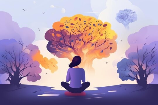 Woman finding peace and well being through meditation in a natural setting