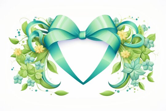 Ribbon bow forming a heart shape framed by green leaves, blue and yellow flowers