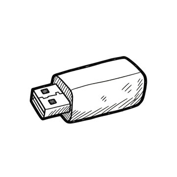 A black and white illustration of a usb flash drive with a rectangular shape and a usb connector on transparent background.