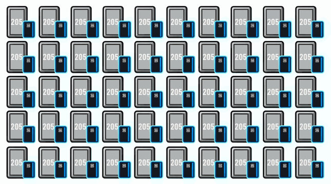 Flat Vector Illustration of Hotel Room Number Plaque and Digital Key Card, Repeating Pattern of Room 205 Signage with Blue Accent, Modern Graphic Design Element
