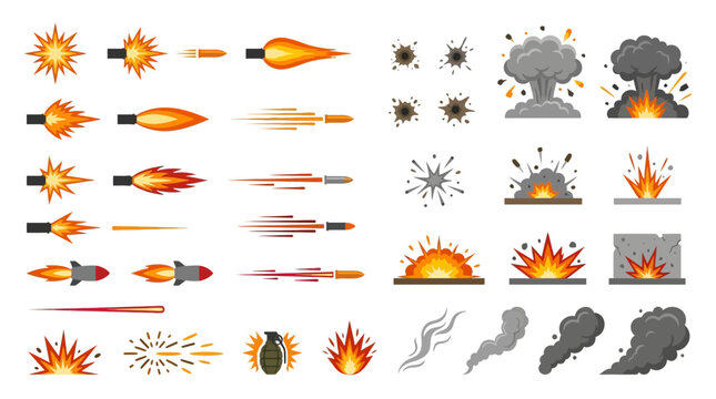 Cartoon Combat Elements Set with Muzzle Flashes Explosions and Flying Bullets