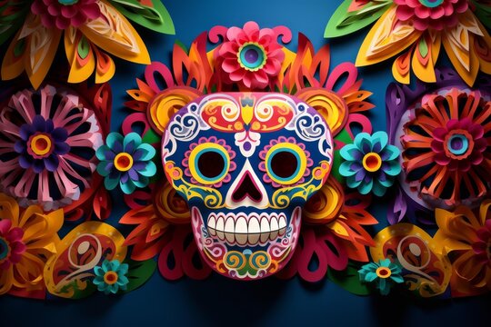 Vibrant paper craft displaying a colorful sugar skull surrounded by traditional mexican flowers on a blue background