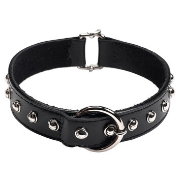 A black, glossy leather collar with metal grommets and a large metal ring, likely a fashion or fetish accessory
