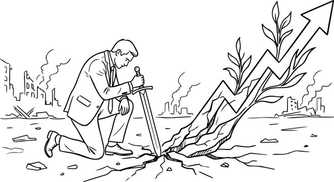 Hand drawn businessman with sword and growing economic arrow from ruins concept line art vector
