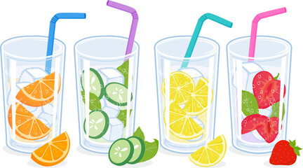 Glasses of fruit infused water with fresh lemon, citrus, orange, cucumber, strawberry and mint. Sparkling flavored tonic water with slices of fruit, ice cubes and straw. Cool soda cocktail drinks. © stockakia